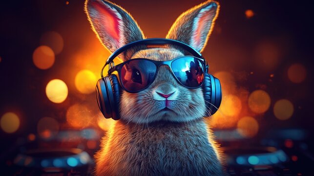 Cool rabbit dj with headphones and sunglasses against vibrant bokeh background. Easter, Pascha, Paskha, Ostern, Pascua, Paques - Orthodox and Catholic Holiday celebration