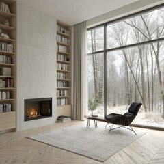 Minimalist Winter Living Room Herringbone Floor, Fireplace, Snow Scene View, Modern Chair Interior Design, Hygge