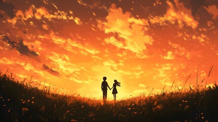 Fototapeta premium 10. A silhouette of a couple holding hands at sunset, with a dreamy sky and a golden horizon