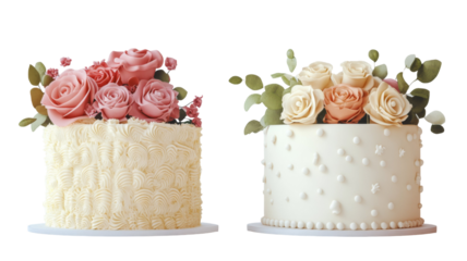Two elegant wedding cakes adorned with delicate sugar roses and frosting details. One features a textured buttercream finish, the other a smooth surface with pearl accents.