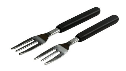 Two sleek, modern forks with black handles against a stark black background.  A minimalist, elegant design.