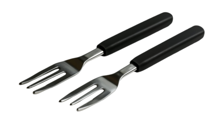 Two sleek, modern forks with black handles against a stark black background.  A minimalist, elegant design.
