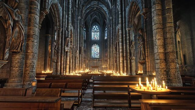 A large church with many pews and candles lit