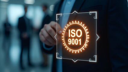 Elevate Your Business Standards: Flat Vector Illustration of ISO 9001 Certification Hologram with Glowing Approval Stamp in a Professional Corporate Setting