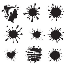 Vector black ink dots, vector elements set on a white background,Ink black color smoke blot and drop on Png transparent Abstract background