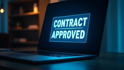 Glowing Contract Approved Notification Above Laptop for Validation