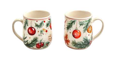 Pair of festive mugs, adorned with charming Christmas ornaments and greenery. Perfect for cozy winter mornings!