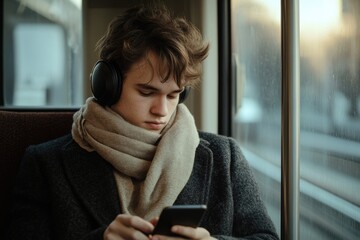 Young man wearing headphones and a scarf uses his phone while sitting on public transport.
