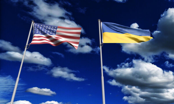 usa us united state america ukraine flag waving blue sky background wallpaper topview war politic conflict russia symbol government country national freedom ukraine usa us united state america war