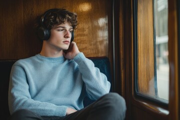 Obraz premium Young man wearing headphones, sits by a window on a train, lost in thought.