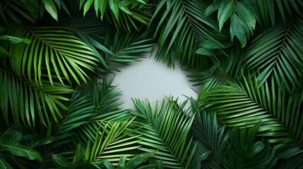 Lush green foliage frames a white space as background