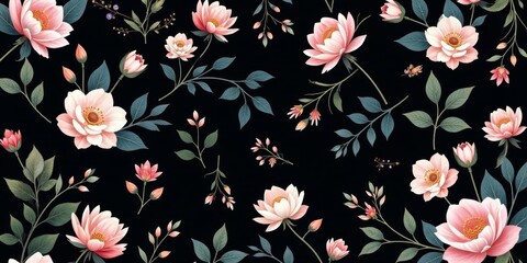 Elegant Pink Blossom Floral Pattern on Dark Background A Seamless Design for Textile, Wallpaper, and Various Applications