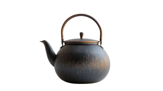 A dark, rustic teapot with a copper-colored handle and lid.  Perfect for a cozy afternoon.