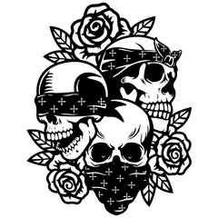 Hear Speak See | Flower Skull | 3 Bandana Skull | Floral Hear Speak See Skull | No Evil | Horror Skull | Halloween | Skeleton Head | Original Illustration | Vector and Clipart | Cutfile and Stencil