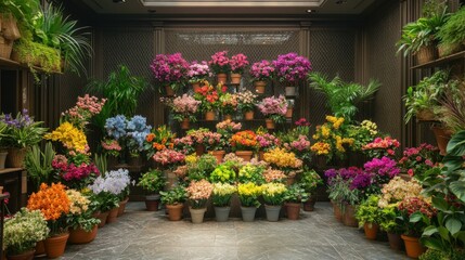 A vibrant flower shop display filled with colorful floral arrangements in pots.