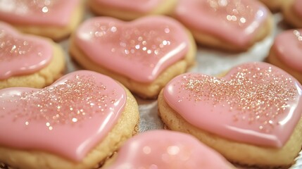 22. A close-up of heart-shaped cookies decorated with pink icing, sprinkled with edible glitter