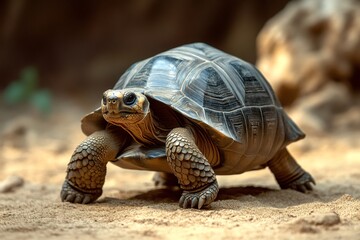 Fototapeta premium Galapagos giant tortoise walking on sand in natural habitat