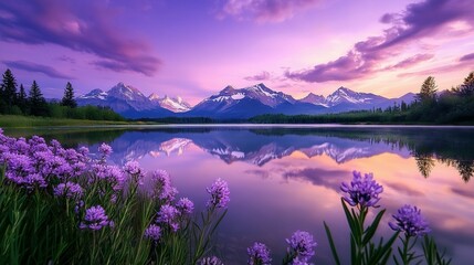 A serene purple lake surrounded by mountains and purple flowers