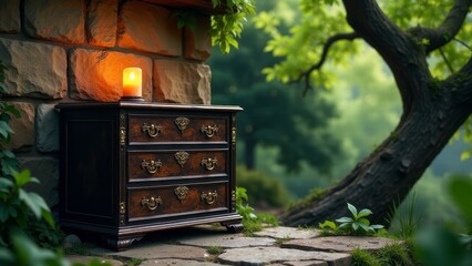 Serene nightfall ambiance featuring an antique wooden chest of drawers with a softly glowing candle