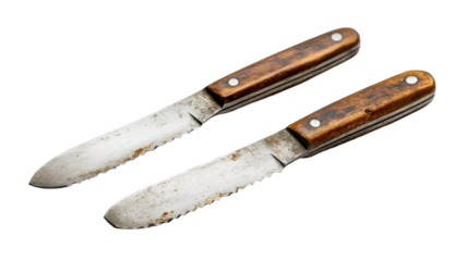 A pair of antique serrated bread knives with worn wooden handles. Rustic charm and kitchen nostalgia.