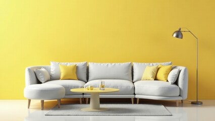 Modern Sectional Sofa and Stylish Coffee Table in a Vibrant Yellow Room Featuring a Floor Lamp and Soft Cushions