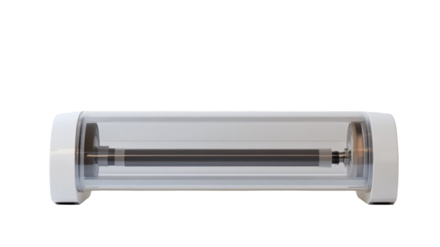 Sleek, cylindrical device with a transparent casing showcasing its internal mechanism. Modern design and minimalist aesthetic.