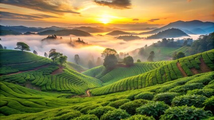 Sunrise Over Tea Plantation Misty Hills, Golden Hour Composition, Aerial View, Landscape Photography Tea plantation, landscape photography