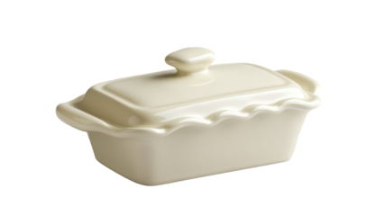 Creamy-colored ceramic dish with a scalloped edge and lid, perfect for serving appetizers or desserts.  A touch of elegance for your table.
