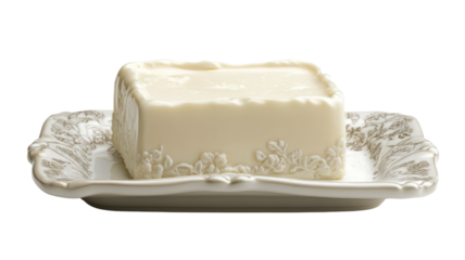 A block of butter sits on an ornate butter dish. The dish is off-white with grey floral designs.