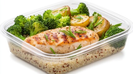 Grilled chicken with broccoli, quinoa, and potatoes in a clear meal prep container
