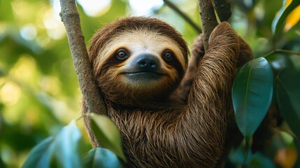 Fototapeta premium Smiling sloth hanging on a tree branch in rainforest