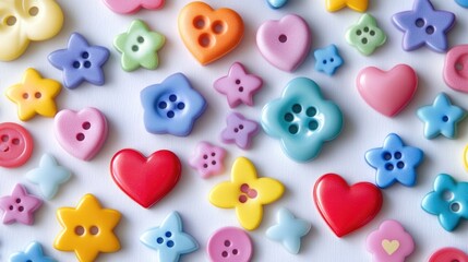Colorful assortment of multi-shaped craft buttons on white background
