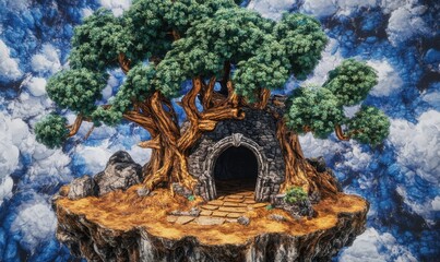 Fototapeta premium Floating island treehouse with stone doorway, cloudy sky background, ideal for fantasy art