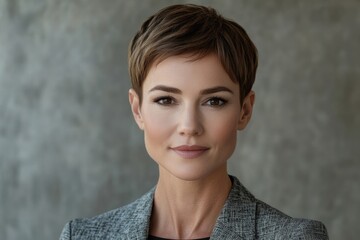 Portrait of a confident woman with short brown hair, wearing a gray blazer against a textured background.