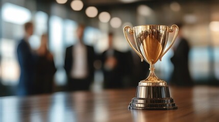 A shiny trophy sits on a table, symbolizing achievement, with blurred figures celebrating in the background.