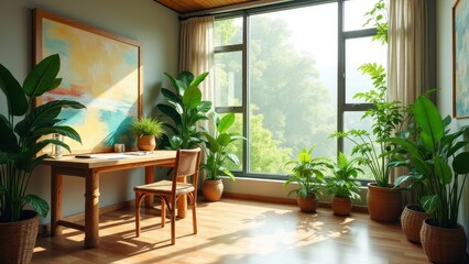 Eco workspace background, Modern eco-friendly workspace with plants bamboo furniture natural lighting and a view of lush greenery