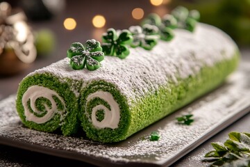 Delicious green swiss roll cake with shamrocks for St. Patrick's Day is waiting to be eaten
