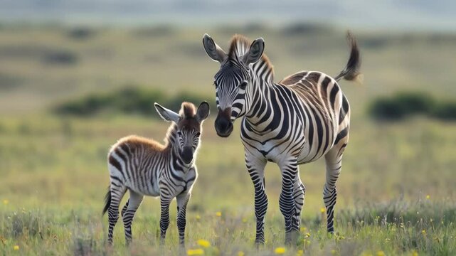 Mother zebra and her foal standing together on a grassy plain, showcasing wildlife and family bonds in their natural habitat