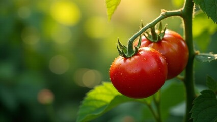 Ripe Red Tomatoes Growing on a Vine in a Lush Garden, Basking in the Warm Sunlight