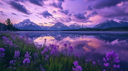 Majestic mountain range reflected in calm water with purple hues