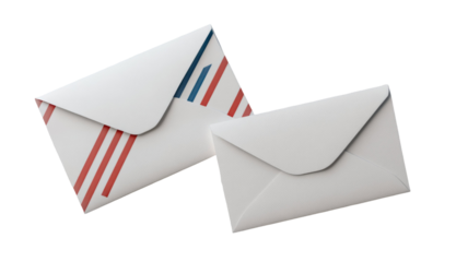 Two crisp white envelopes, one adorned with red and blue stripes, lie against a black background.  A clean, minimalist aesthetic.