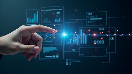 Data Analysis A hand interacting with dynamic graphs and data points displayed on a holographic interface. concept as A hand interacting with dynamic graphs and data points displayed on a holographic 