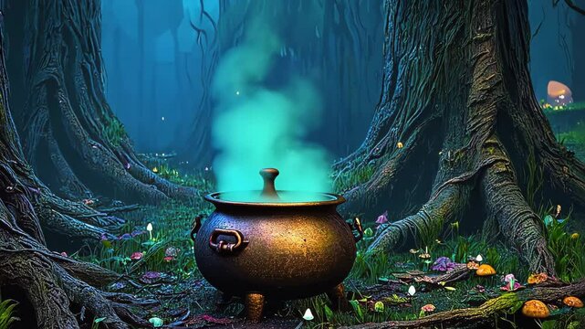 A large, green cauldron is sitting in a forest. The cauldron is filled with a green smoke, and there are mushrooms scattered around it. The scene is mysterious and magical