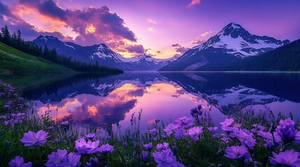 Stunning mountain and lake scenery with vibrant purple flowers