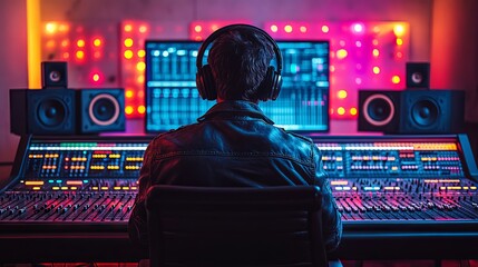 Online live radio studio desk with integrated high-tech broadcasting console and dynamic audio controls for professional streaming and radio production