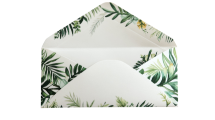 A stylish envelope with a tropical leaf design. Perfect for a special occasion or correspondence.