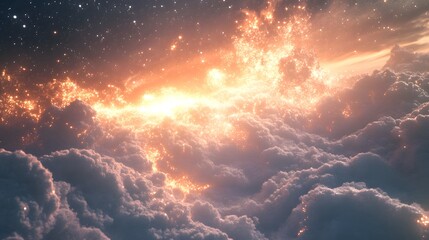 Fototapeta premium Dramatic celestial scene featuring glowing light and textured clouds above