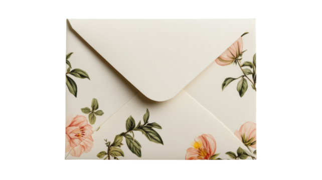 Elegant floral envelope, perfect for a special occasion. Delicate pink blossoms and green leaves adorn the creamy paper.