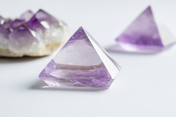 Beautiful amethyst pyramids shine with elegance. These crystals enhance any space with their calming presence. A perfect choice for decor or healing. Generative AI