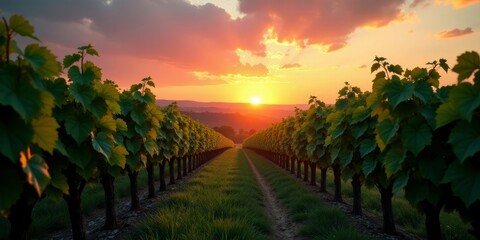 Serene Vineyard Sunset Rows of grapevines bathed in the warm glow of a picturesque sunset, creating a tranquil and idyllic landscape.